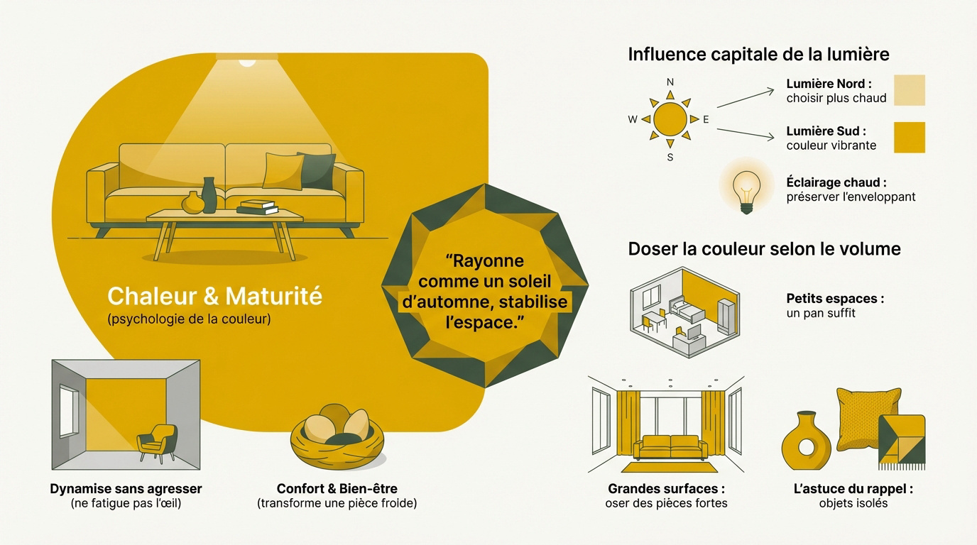 Infographie sur les associations harmonieuses avec le jaune moutarde en décoration intérieure