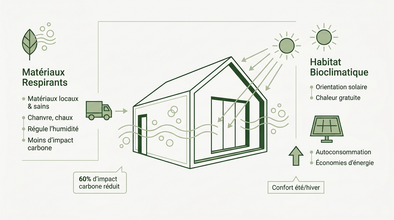 Infographie détaillée d'une maison écologique et bioclimatique montrant l'orientation solaire et l'isolation naturelle
