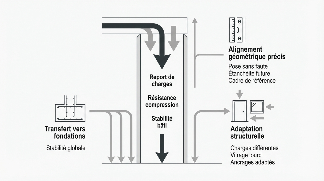 Schéma technique du transfert de charges via les jambages d'une menuiserie