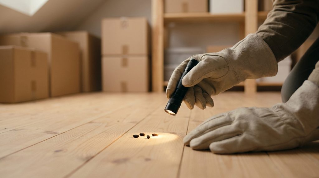 Personne gantée éclairant des crottes de loir sur un plancher en bois avec une lampe torche, dans un grenier encombré de cartons.