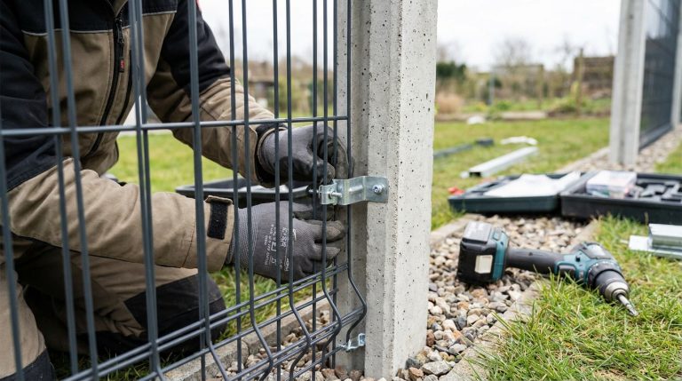 Une personne en gants de travail fixe un panneau de grillage rigide gris à un poteau en béton avec une attache métallique. Des outils sont au sol.