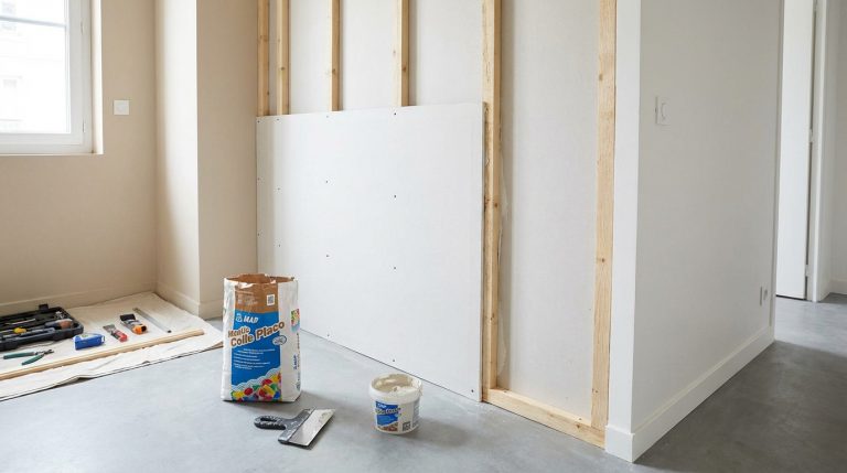 Vue d'une pièce en rénovation avec une cloison placo en cours de montage sur une structure bois. Sac de colle placo et outils au sol.