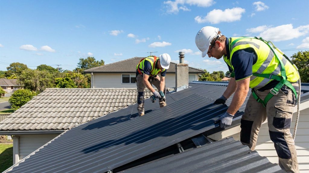 Deux couvreurs en tenue de sécurité installent une toiture métallique ondulée grise sur une maison, sous un ciel bleu.