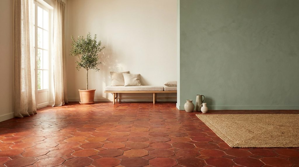 Pièce lumineuse avec tomettes rouges hexagonales. Murs vert sauge et crème, canapé en bois, olivier, tapis et vases en terre.