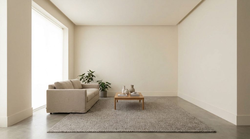 Un salon minimaliste avec des murs et plinthes beiges clairs. Un canapé, une table basse en bois, un tapis gris et une plante.