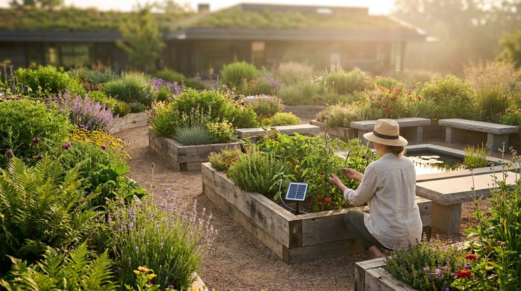 Femme au chapeau de paille récoltant des légumes dans un jardin durable avec des carrés potagers, une toiture végétale et un éclairage solaire.