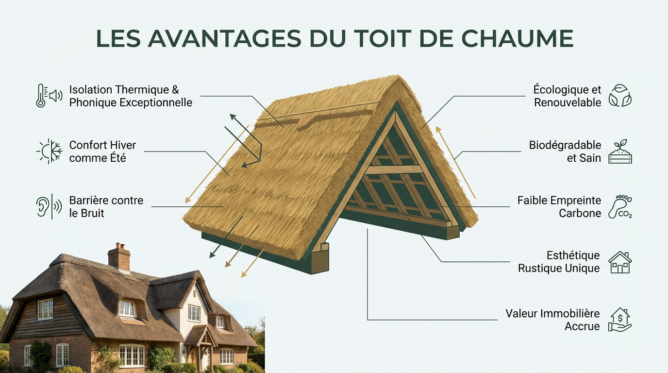 Toiture en chaume traditionnelle offrant une isolation naturelle et écologique