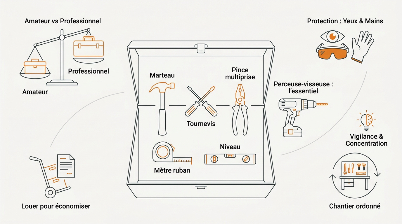 Sélection d'outils de base pour débutant incluant marteau et tournevis