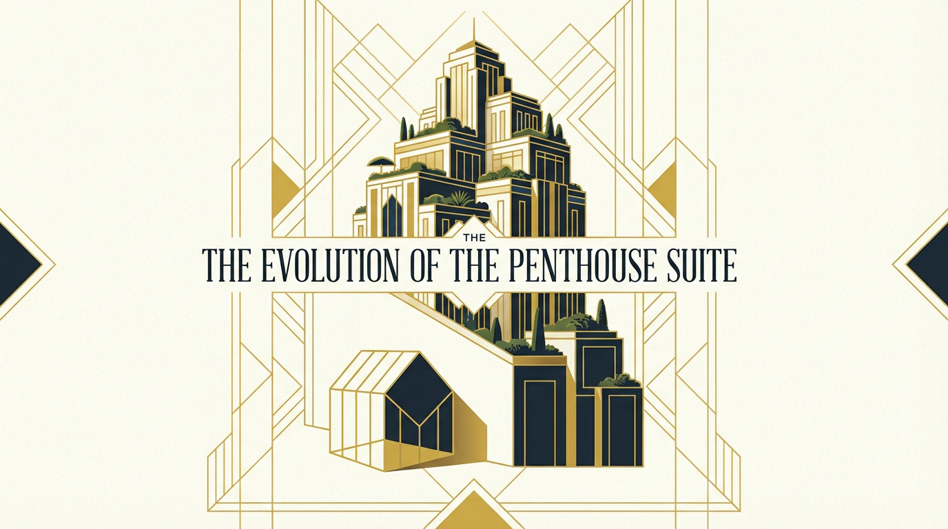 Illustration d'une suite penthouse de style Art Déco au sommet d'un gratte-ciel