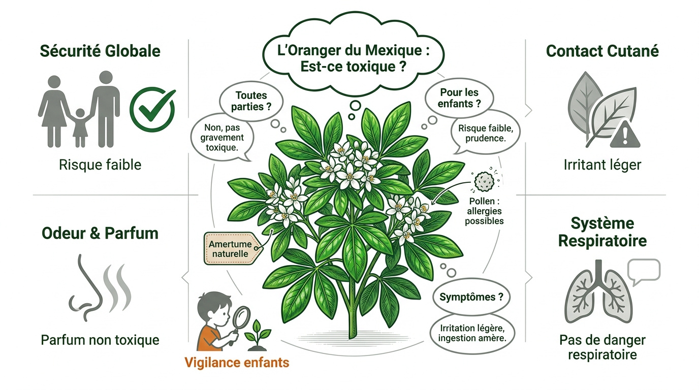 Arbuste d'oranger du Mexique en fleurs dans un jardin familial sécurisé
