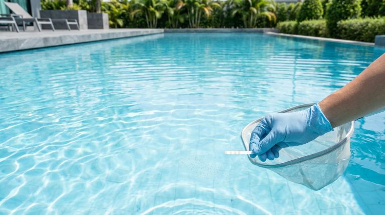 Une main gantée de bleu tient une bandelette de test et un filet au-dessus de l'eau claire d'une piscine, où flottent de minuscules larves.