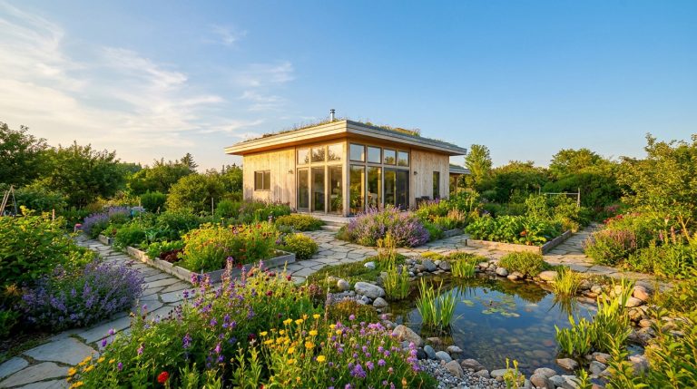 Maison en bois moderne avec toit végétalisé, entourée d'un vaste jardin fleuri, de plantations et d'un bassin naturel.
