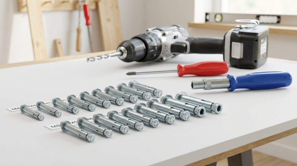 Vue rapprochée de chevilles Molly de tailles variées, une perceuse, un tournevis et une pince à expansion sur une table.