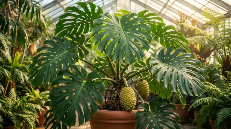 Monstera deliciosa adulte avec de grandes feuilles découpées et deux fruits jaunes mûrs dans une serre lumineuse.