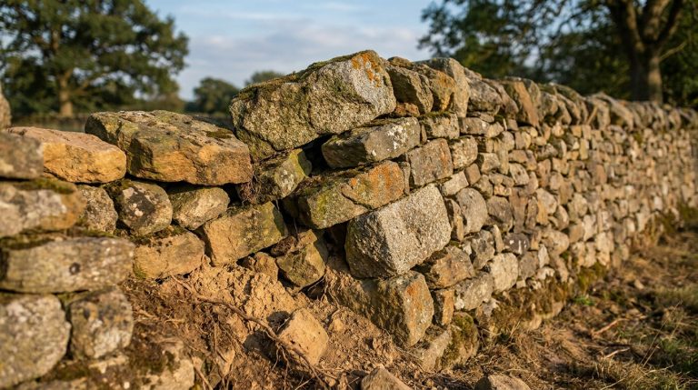 Mur de pierres sèches ancien et penché, avec des pierres déplacées et de la mousse, au bord d'un champ avec des arbres flous en arrière-plan.