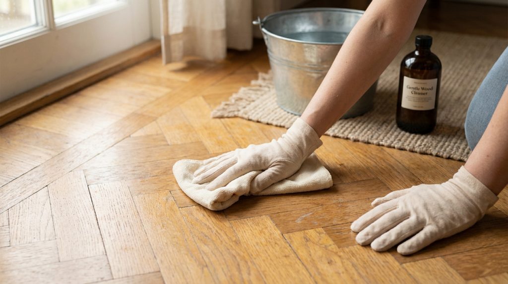 Gros plan sur une personne gantée nettoyant un parquet ancien en bois avec un chiffon et un produit doux, un seau d'eau à côté.