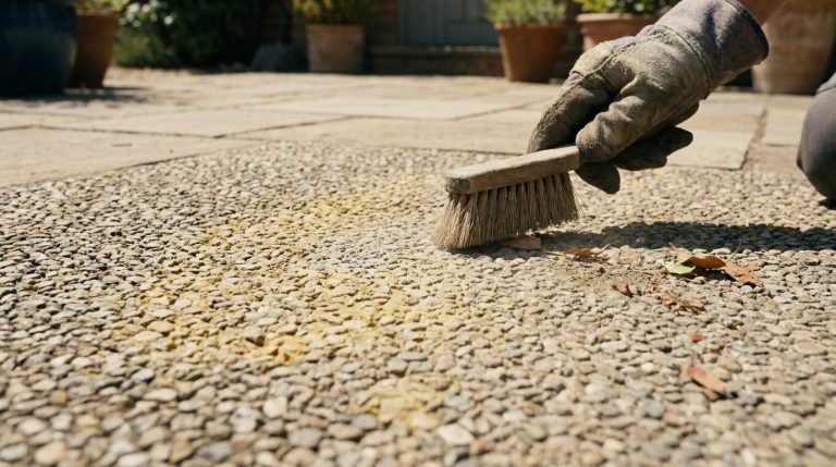 Une main gantée brosse une surface de moquette de pierre, retirant des saletés et feuilles. Le sol est composé de petits graviers liés.