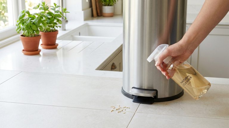 Main pulvérisant un nettoyant naturel sur des asticots à côté d'une poubelle en acier inoxydable dans une cuisine moderne.