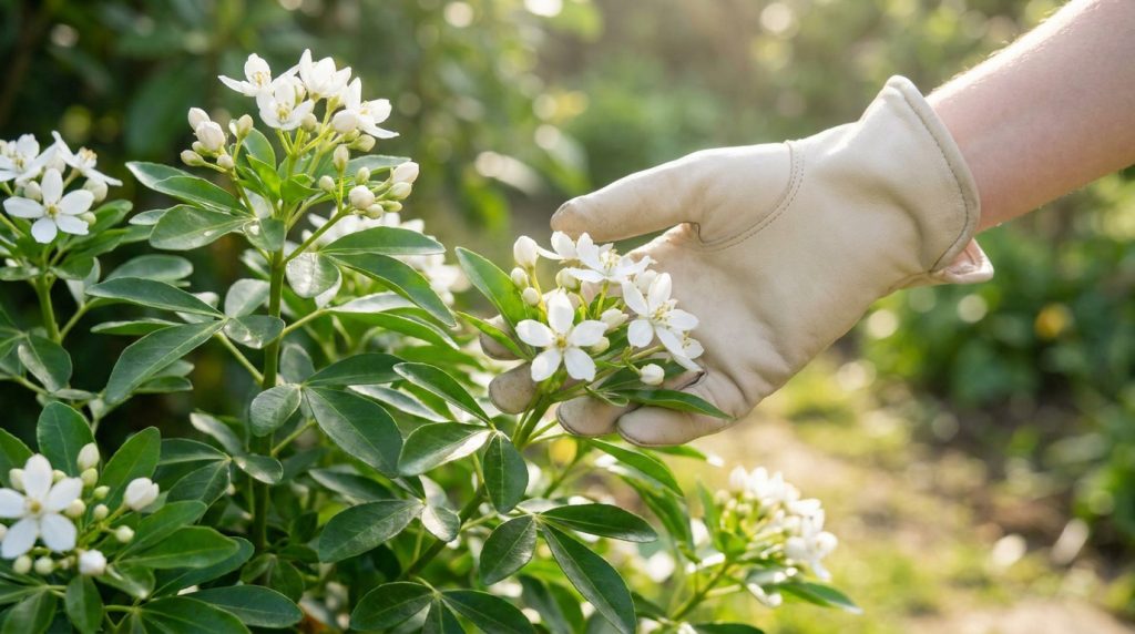 Main gantée touchant délicatement les fleurs blanches de l'oranger du Mexique (Choisya ternata) sous un soleil doux.