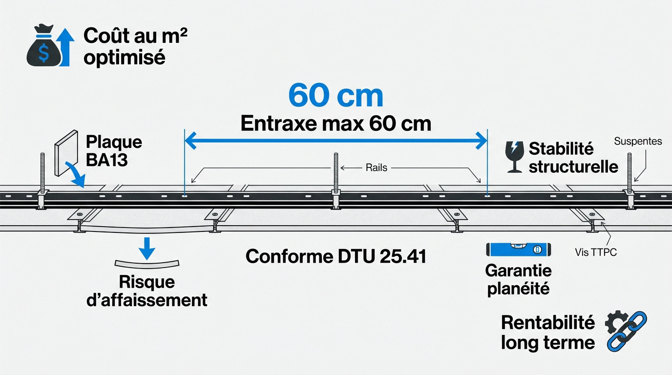 Pose de rails métalliques pour plafond en plaques de plâtre avec entraxe de 60 cm