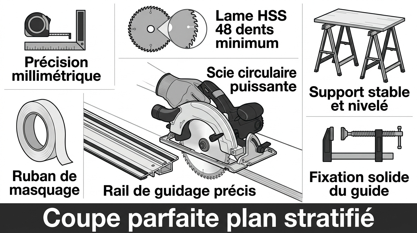 Scie circulaire et accessoires pour couper un plan de travail stratifié sans éclats