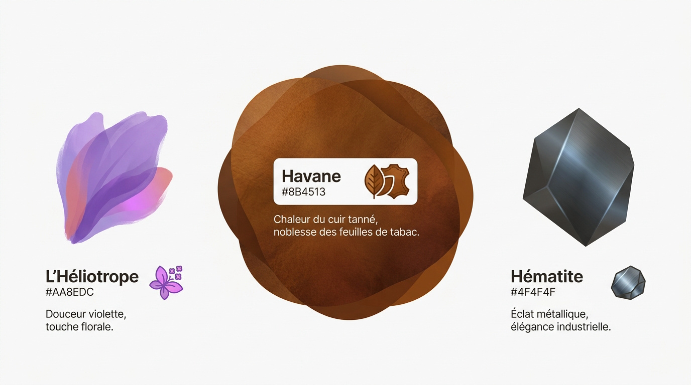 Palette de nuances de couleurs commençant par H incluant le havane, l'héliotrope et l'hématite