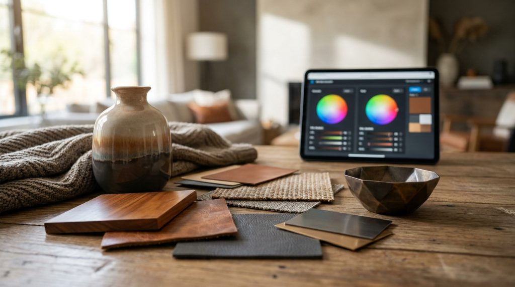 Table en bois avec échantillons de matériaux (bois, cuir, tissu), vase, plaid et tablette affichant des roues chromatiques.