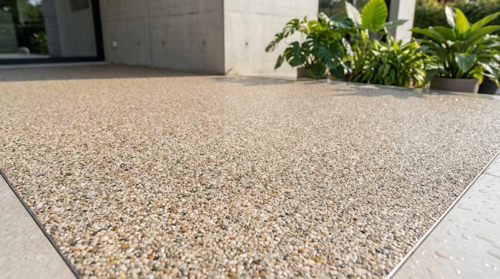 Revêtement de sol extérieur perméable Hydrostar en granulats de pierre. Un bâtiment moderne et des plantes en pots en arrière-plan.