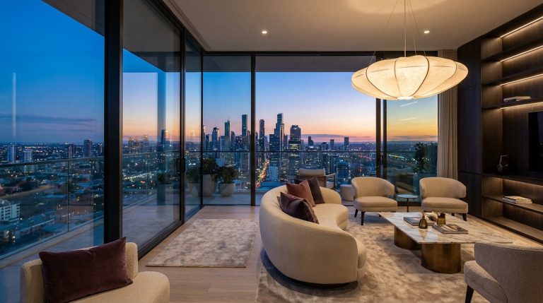 Salon moderne de penthouse avec vue imprenable sur la ville au coucher du soleil. Mobilier design et ambiance luxueuse.