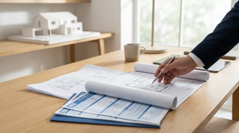 Main d'un professionnel examinant des plans de maison et des formulaires de permis de construire sur un bureau en bois, avec une maquette de maison en arrière-plan.