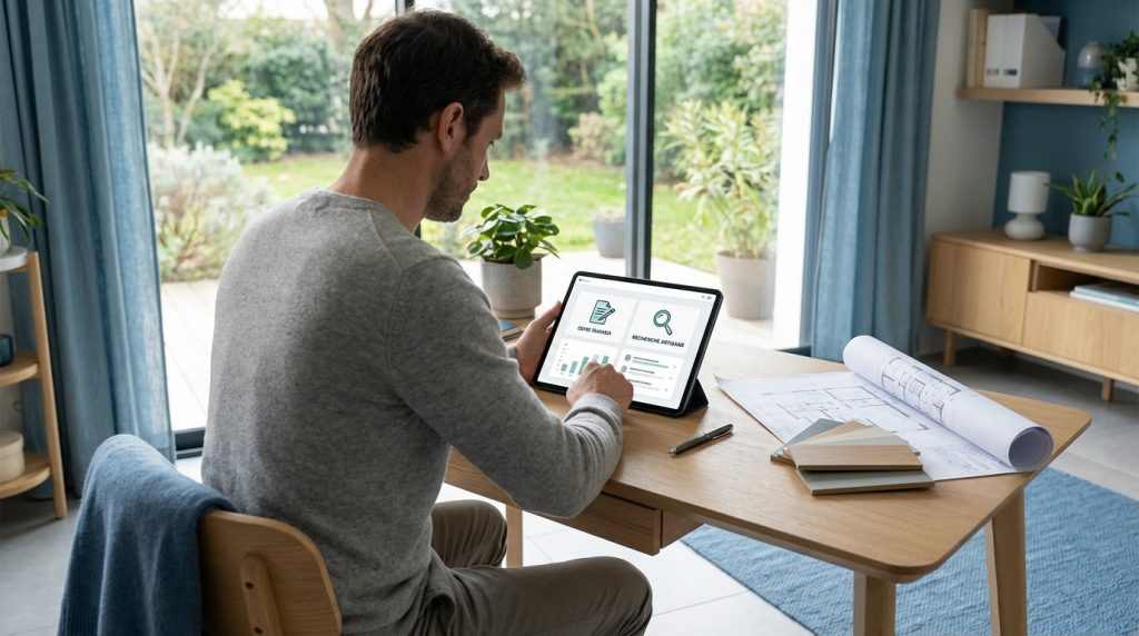Homme de dos utilisant une tablette affichant une interface pour devis travaux et recherche d'artisans. Plans sur le bureau.