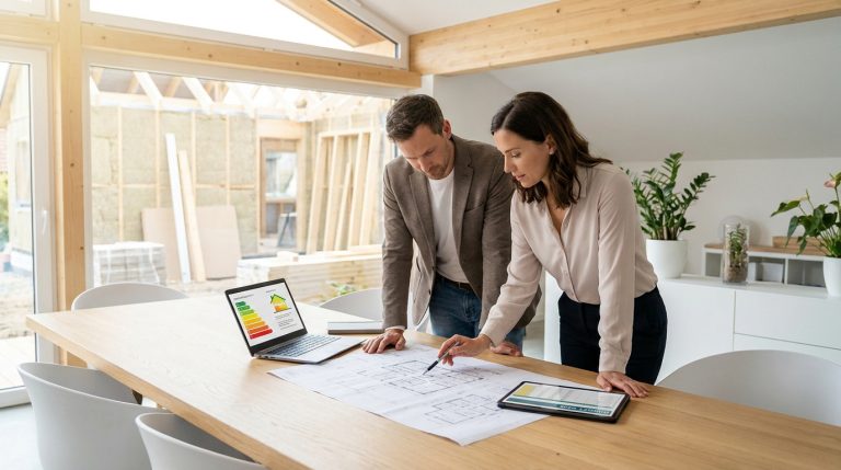 Un couple ou des architectes examinent des plans de maison et des indicateurs d'efficacité énergétique sur un ordinateur et une tablette, avec une construction en arrière-plan.