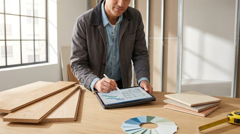 Homme planifiant un projet de rénovation sur tablette avec stylet, des échantillons de matériaux et un nuancier de couleurs sur la table.