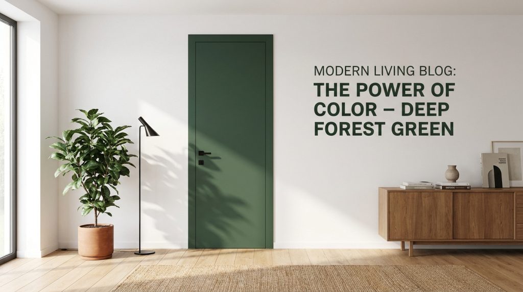 Une porte intérieure vert forêt dans un mur blanc, avec une plante verte, une lampe sur pied et un buffet en bois clair.