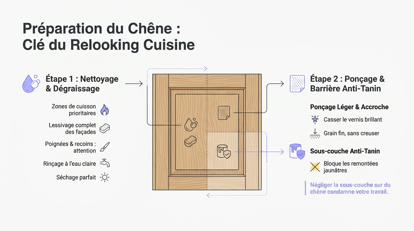 Préparation minutieuse d'un meuble de cuisine en chêne avant peinture