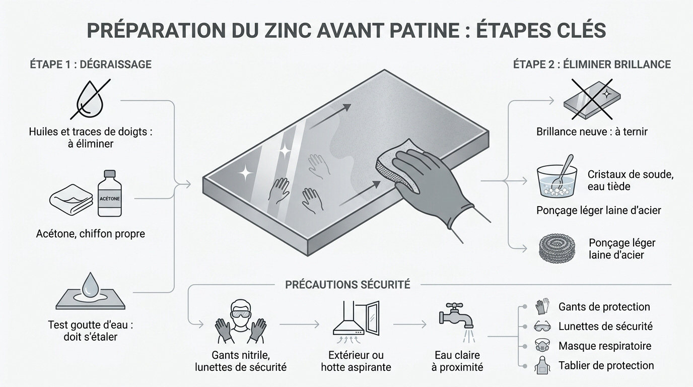 Nettoyage et dégraissage d'une plaque de zinc avant application d'une patine