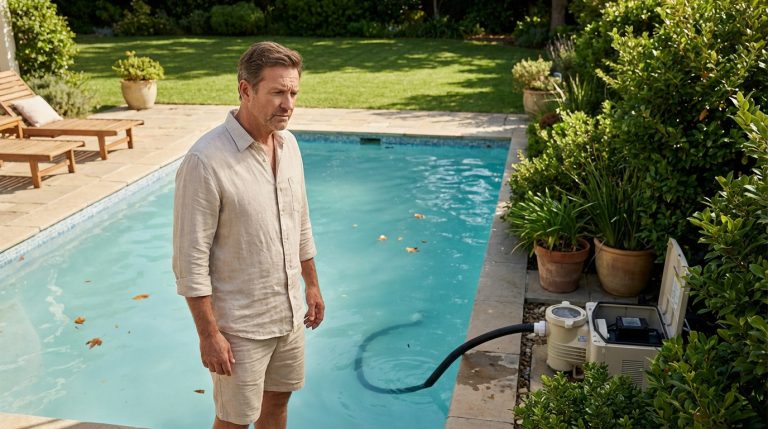 Homme préoccupé devant une piscine à l'eau trouble et une pompe de filtration ouverte. Jardin ensoleillé en arrière-plan.