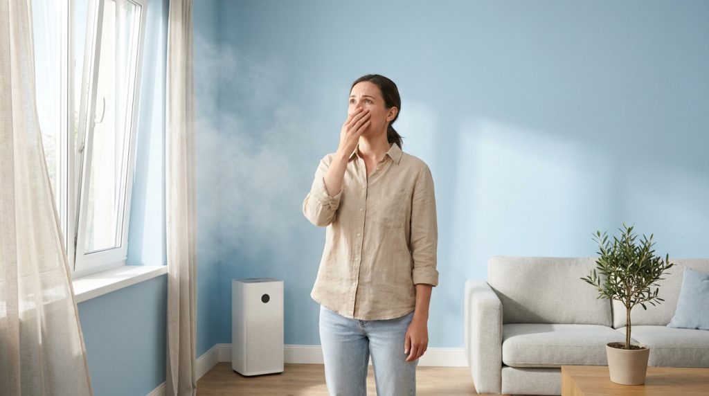 Une femme se couvre le nez, incommodée par une odeur dans une pièce avec fenêtre ouverte et purificateur d'air.