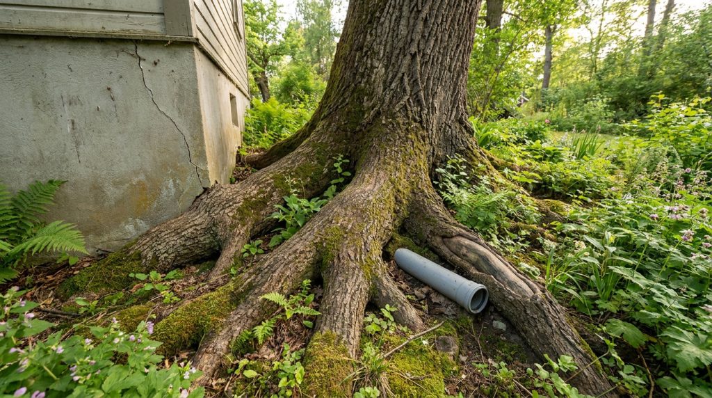 Racines d'un grand arbre poussant contre une fondation de maison fissurée, avec un tuyau gris et de la verdure luxuriante.