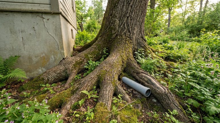 Racines d'un grand arbre poussant contre une fondation de maison fissurée, avec un tuyau gris et de la verdure luxuriante.