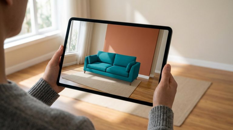 Une personne tient une tablette montrant un canapé turquoise en réalité augmentée dans un intérieur vide, simulant un aménagement.
