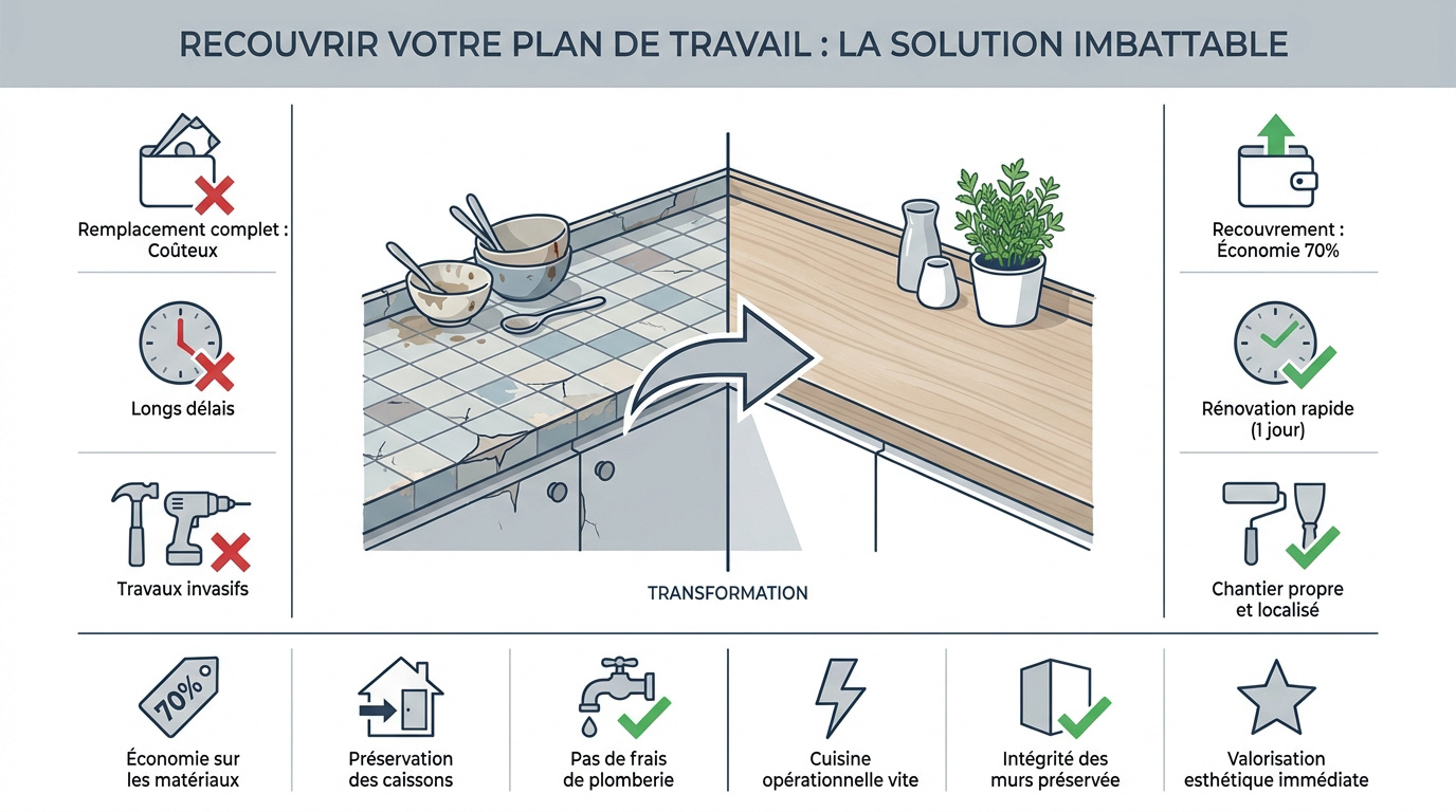Plan de travail de cuisine moderne recouvert d'un stratifié élégant sur un ancien carrelage