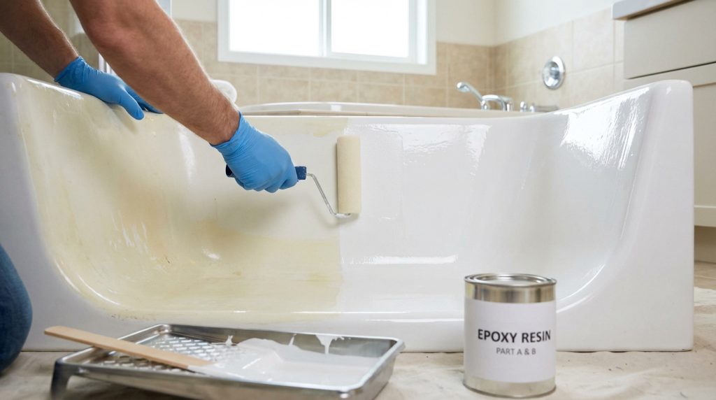 Personne en gants bleus peignant l'intérieur d'une baignoire avec un rouleau et de la résine époxy blanche.