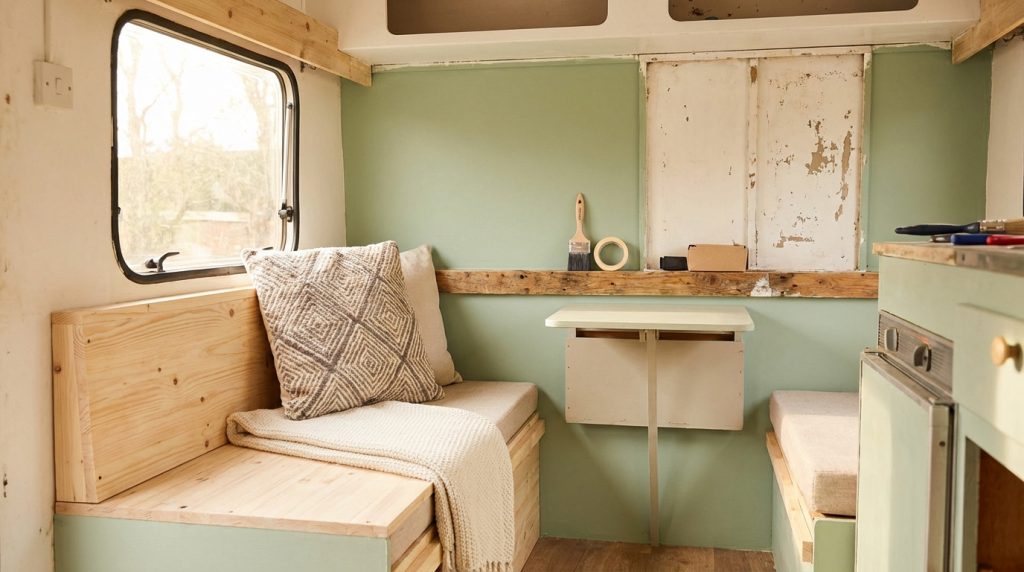 Intérieur d'une caravane rénovée: banc en bois clair, mur vert d'eau, coussin, plaid, outils de peinture sur étagère.