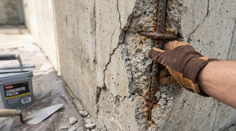 Main gantée inspectant des épaufrures de béton avec armature rouillée. Produit de réparation et truelles en arrière-plan.