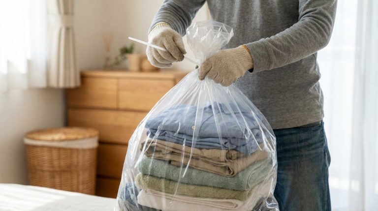 Personne gantée scellant un sac en plastique rempli de vêtements pliés avec un collier de serrage, pour lutter contre les punaises de lit.