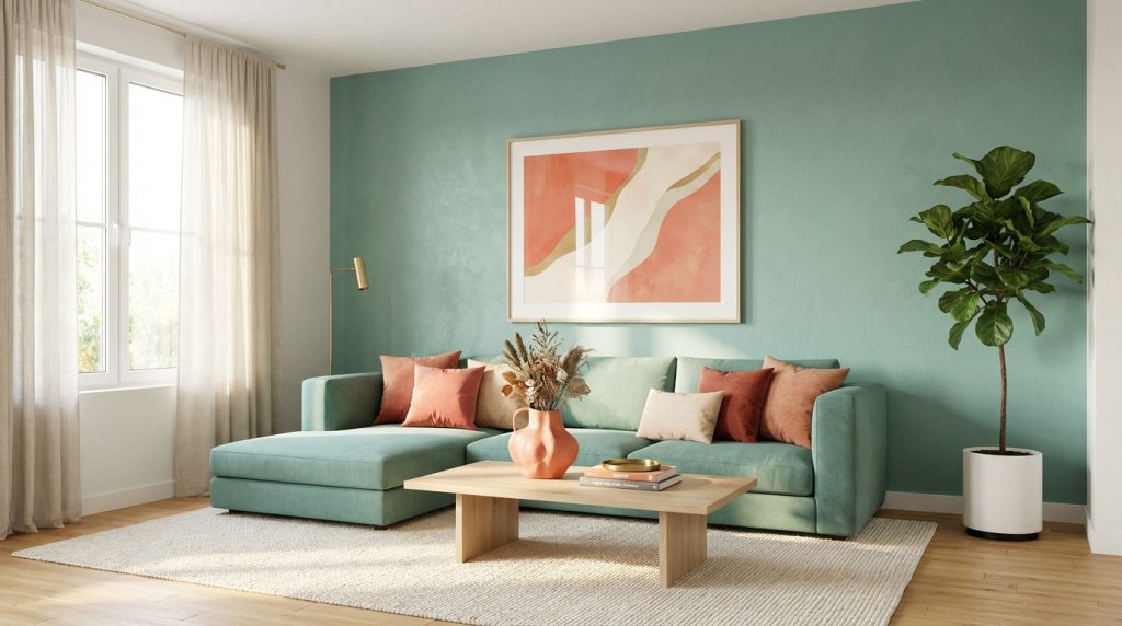 Salon contemporain lumineux avec canapé d'angle vert d'eau, mur assorti, coussins corail, tableau abstrait et grande plante verte.