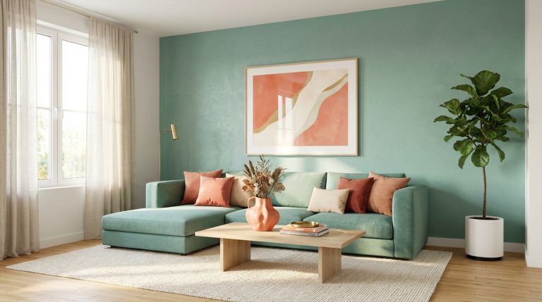 Salon contemporain lumineux avec canapé d'angle vert d'eau, mur assorti, coussins corail, tableau abstrait et grande plante verte.