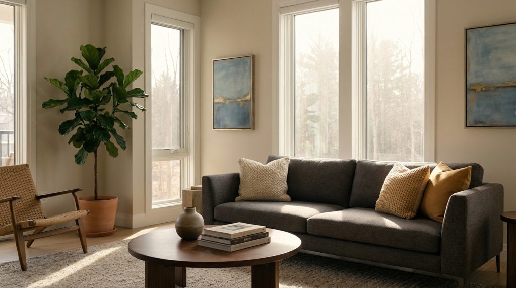 Salon contemporain baigné de lumière naturelle avec canapé gris, fauteuil tressé, plante figuier, et tableaux abstraits.