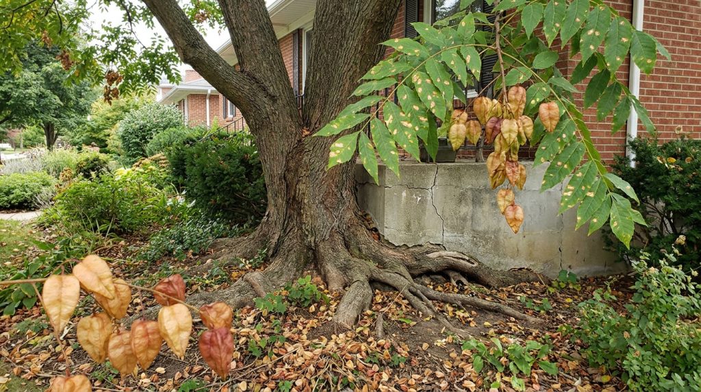 Un grand savonnier dont les racines puissantes fissurent la fondation d'une maison en briques. Des fruits secs pendent des branches.